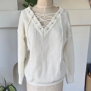 Women's Cream Lace-Up Sweater